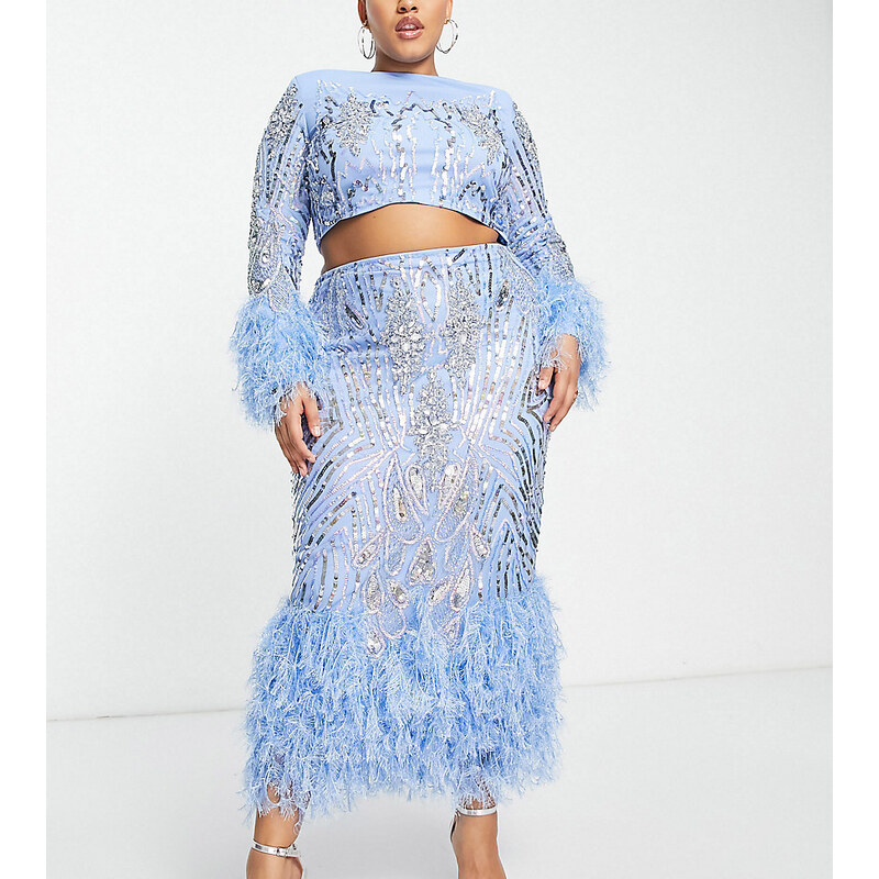 ASOS LUXE Curve co ord embellished gemstone midi skirt with feather hem in blue GLAMI.eco