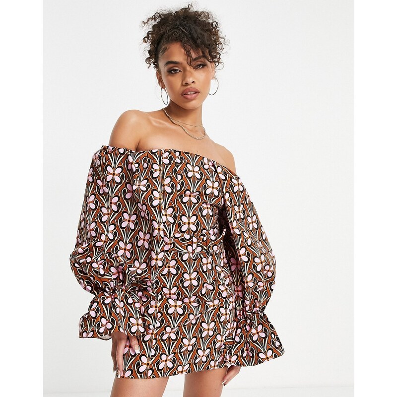 ASOS LUXE extreme sleeve belted mini dress in retro floral print-Multi