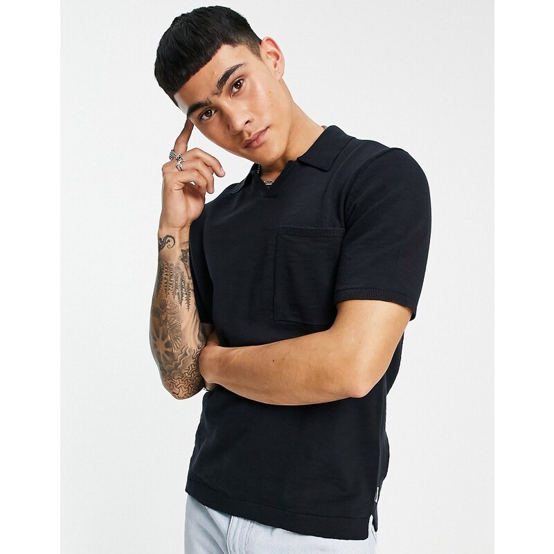 Only & Sons knitted polo with revere collar in navy