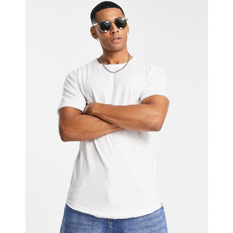 ONLY SONS raw edge longline curve hem t-shirt in white