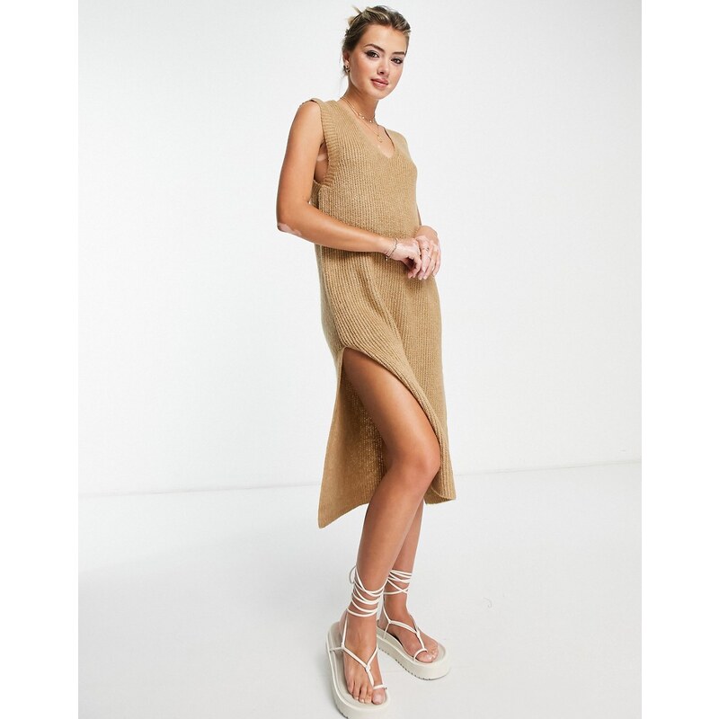 Only cora v-neck sleeveless knitted dress in beige-Neutral