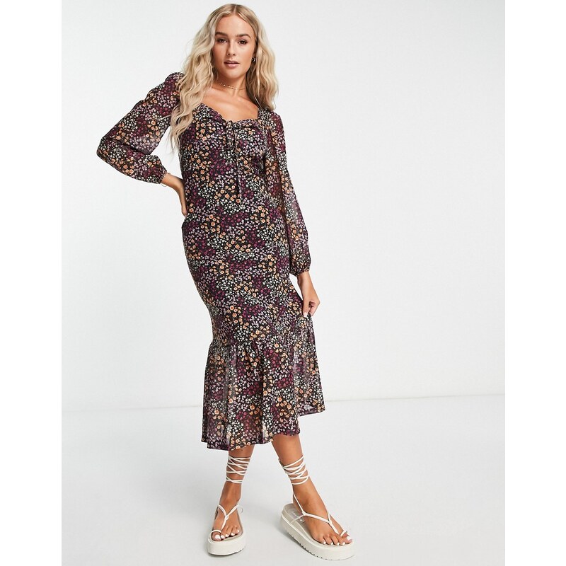 The Frolic square neck midi tea dress with mesh sleeves in ditsy floral-Multi