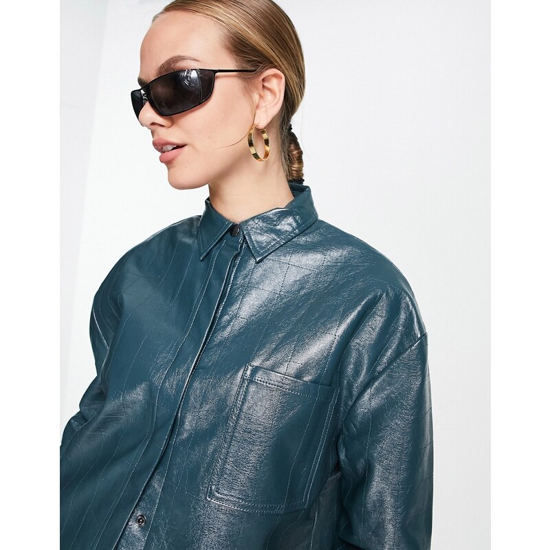 4th & Reckless oversized leather look embossed shirt co ord in teal-Blue