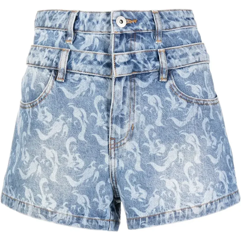Feng Chen Wang double-waistband printed denim shorts - Blue