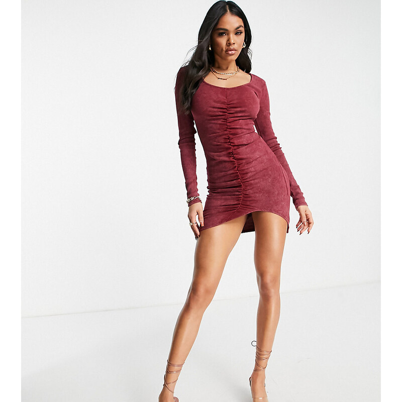 ASYOU ruched rib dress in washed burgundy-Brown