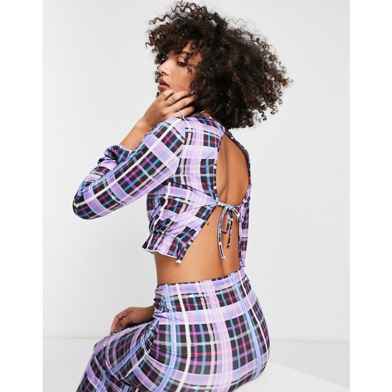 Only exclusive open tie back top co-ord in purple check