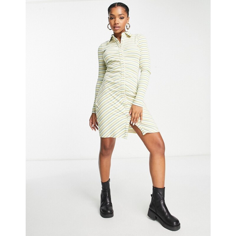 Urban Revivo ruched front mini shirt dress in green stripe