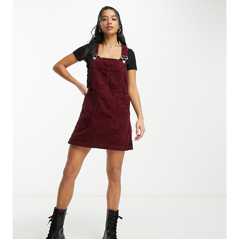 Don't Think Twice DTT Petite Lucine cord pinafore dress with pockets in burgundy-Red