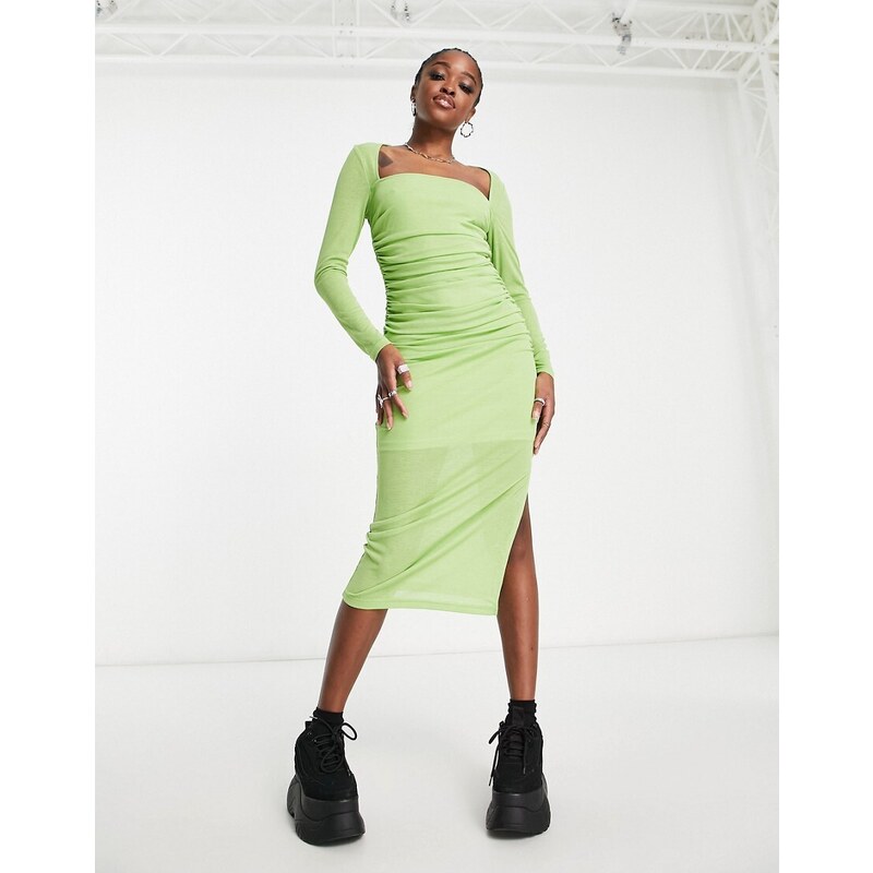 The Frolic square neck ruched side midi dress in sap green