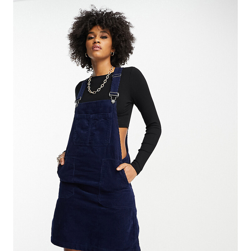 Don't Think Twice DTT Tall Lucine cord pinafore dress with pockets in navy