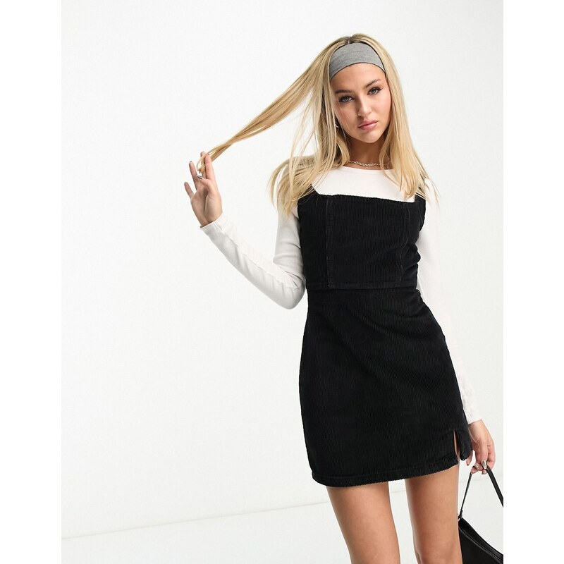 Don't Think Twice DTT Estella fitted cord pinafore dress in black