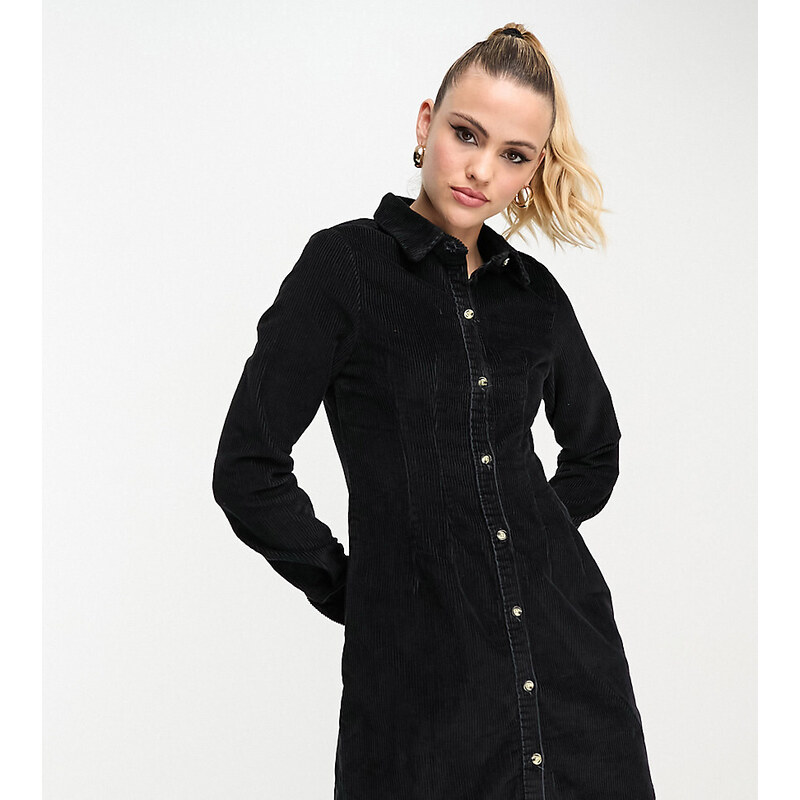 Don't Think Twice DTT Tall Leila cord fitted shirt dress in black