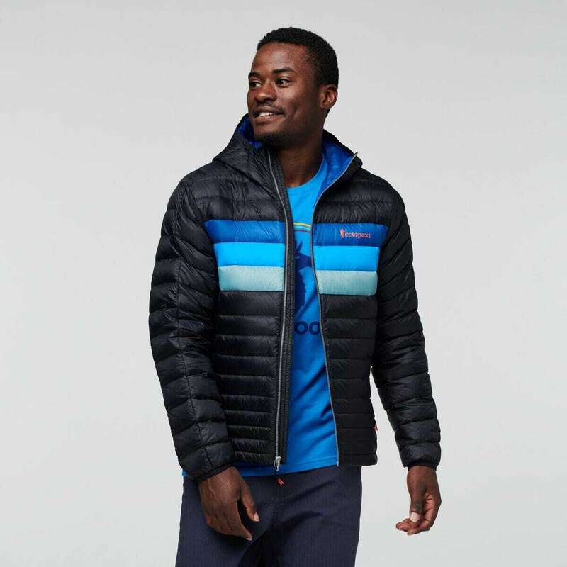 Cotopaxi Men's Fuego Hooded Down Jacket in Black/Pacific Stripes