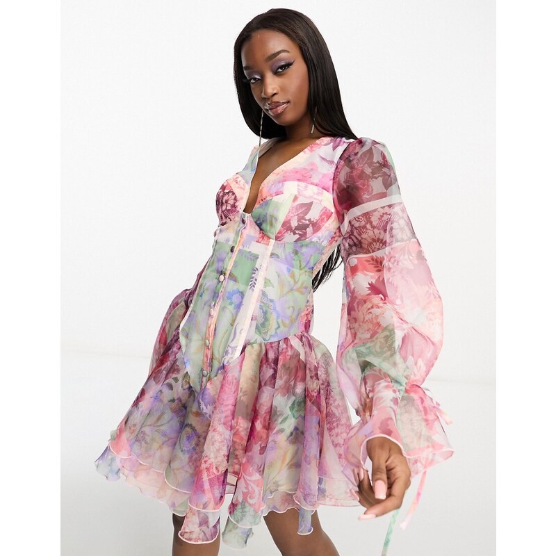 ASOS LUXE cupped organza mini dress in floral scarf print Multi GLAMI.eco