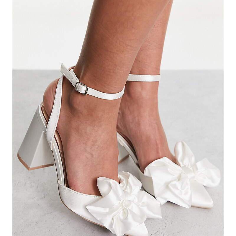 Be Mine Wide Fit Vamikaa bow heeled shoes in ivory satin-White - Main Image