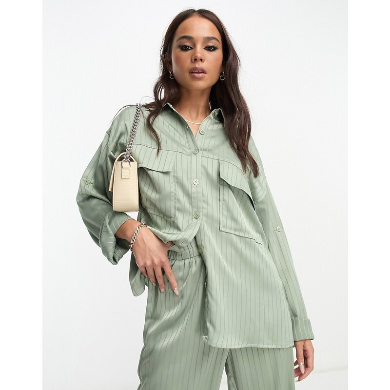 4th & Reckless stripe satin shirt co-ord in sage-Green