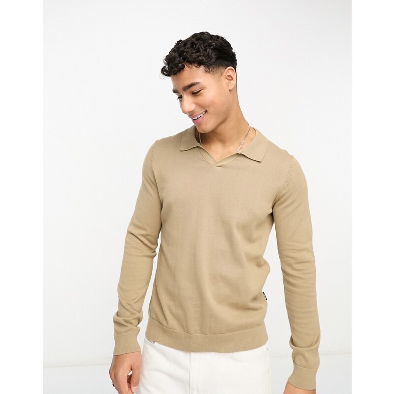 Only & Sons knit revere long sleeve polo in beige-Neutral
