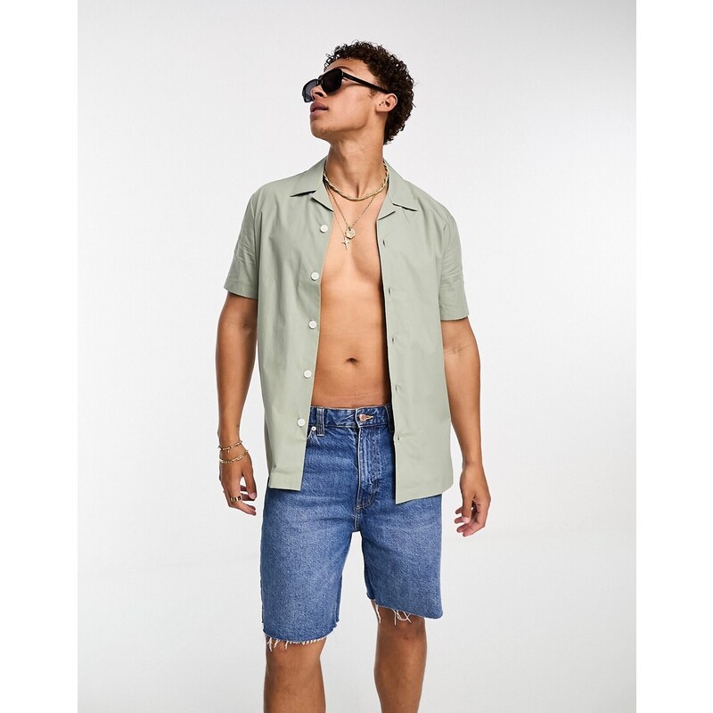 Selected Homme cotton short sleeve shirt in sage-Green