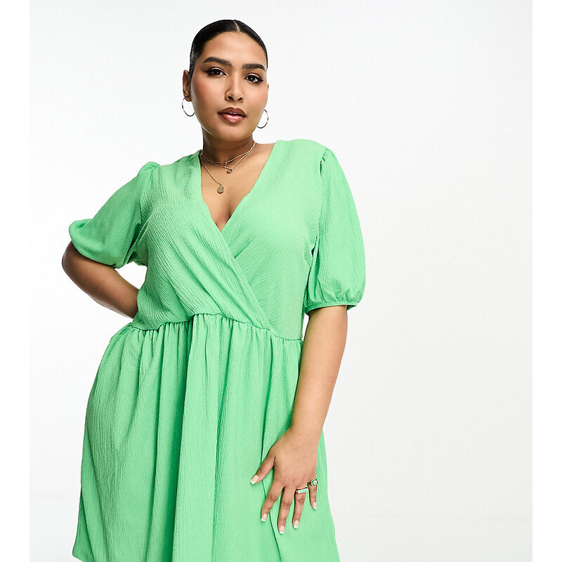 Pieces Plus Pieces Curve exclusive textured v neck smock mini dress in bright green