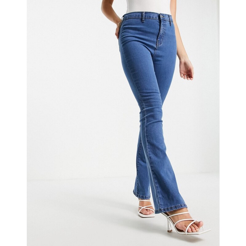 Don't Think Twice DTT Bianca high waisted flare disco jeans in mid blue 