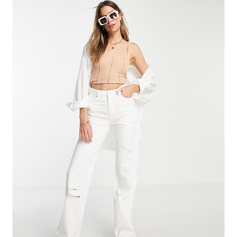 Don't Think Twice DTT Tall straight leg jeans with raw hem and knee rips in white