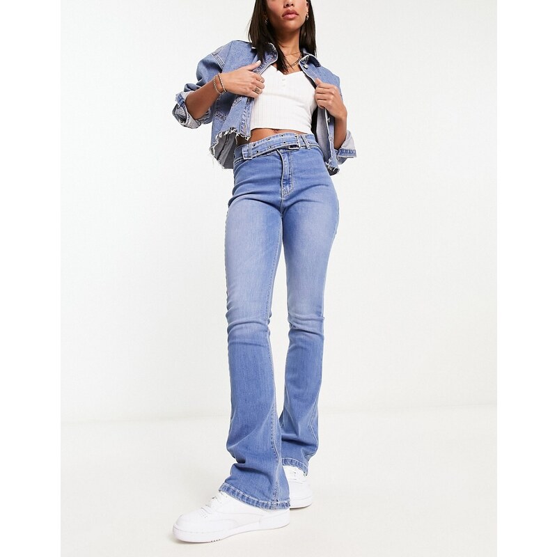 Don't Think Twice DTT Phoebe belted high waisted wide leg jeans in light wash blue