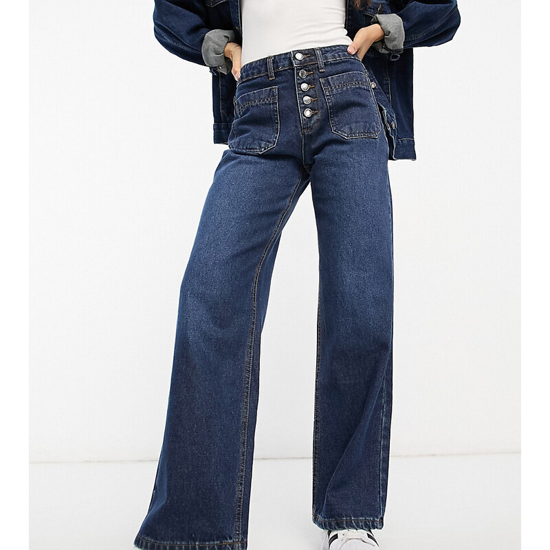 Don't Think Twice Petite DTT Petite Fern straight leg jeans with button  front in blue 
