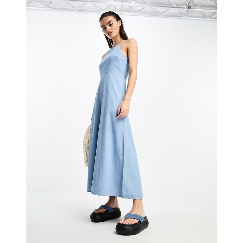 Selected Femme halterneck denim maxi dress in blue
