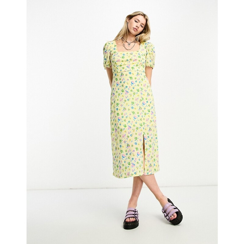Only open tie back square neck midi dress in yellow floral-White
