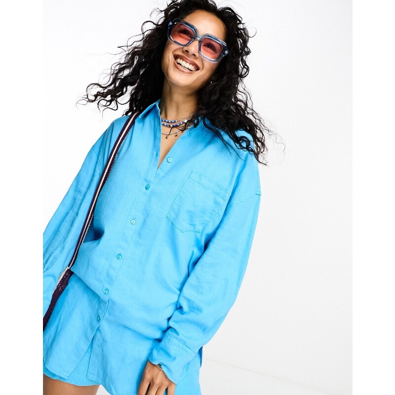 ONLY linen blend oversized shirt co-ord in bright blue
