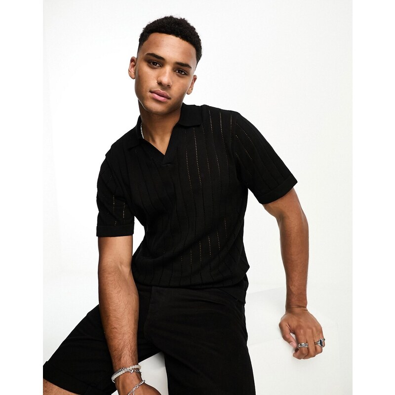 Selected Homme revere collar knitted polo in black