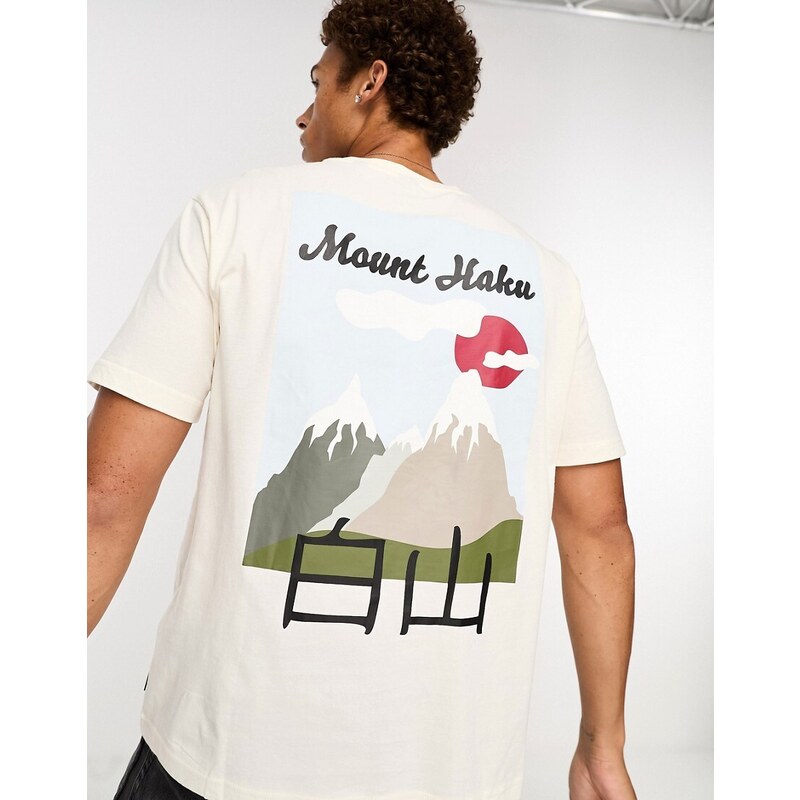 Only & Sons oversized t-shirt with Japanese mountain print in cream-White