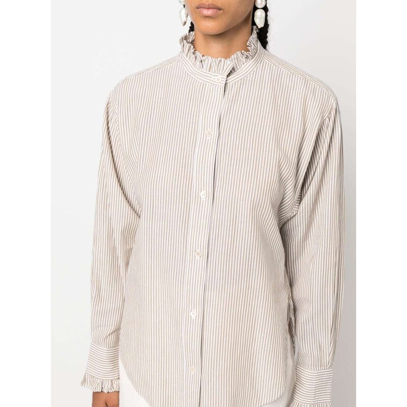 MARANT ÉTOILE Saoli ruffle-collar striped cotton shirt - Neutrals