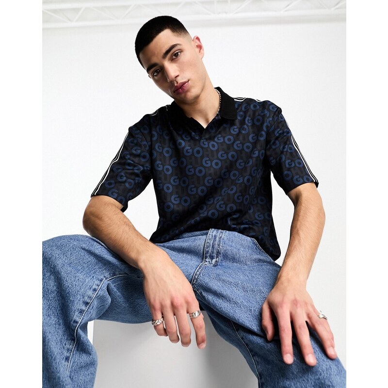 Hugo Red HUGO Dunlun all over logo relaxed fit polo shirt in navy