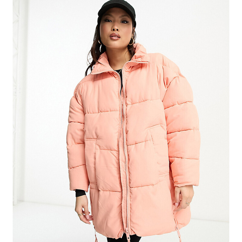 Don't Think Twice DTT Petite Sarah longline puffer jacket in pink