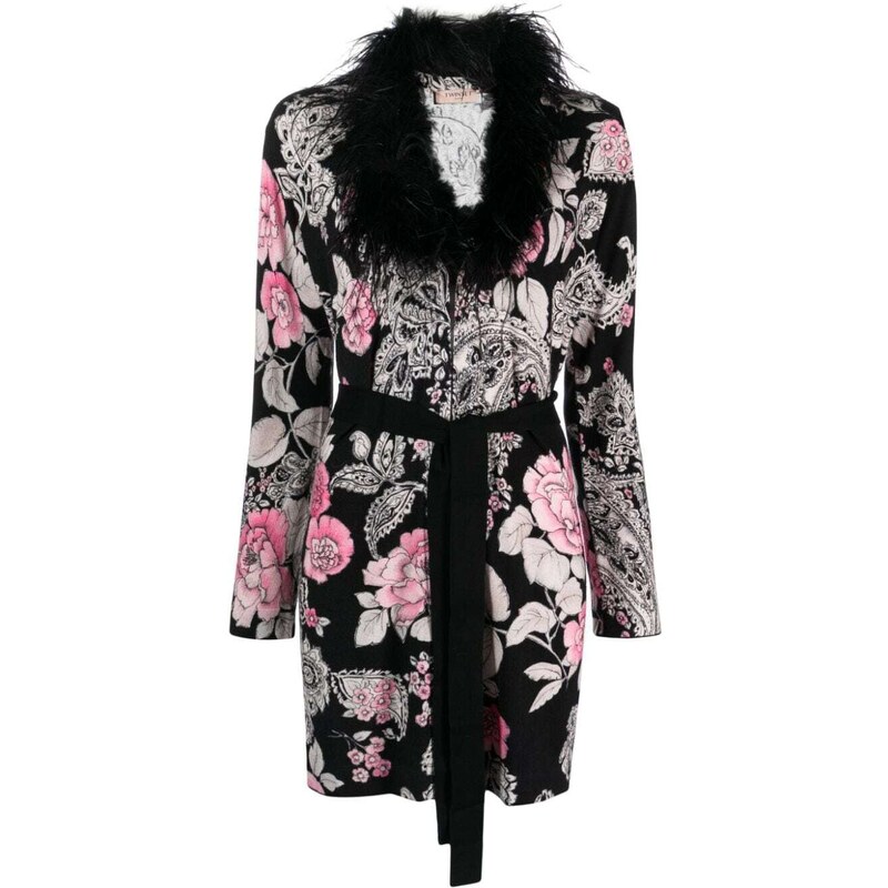 TWINSET feather-detail floral-intarsia cardigan - Black