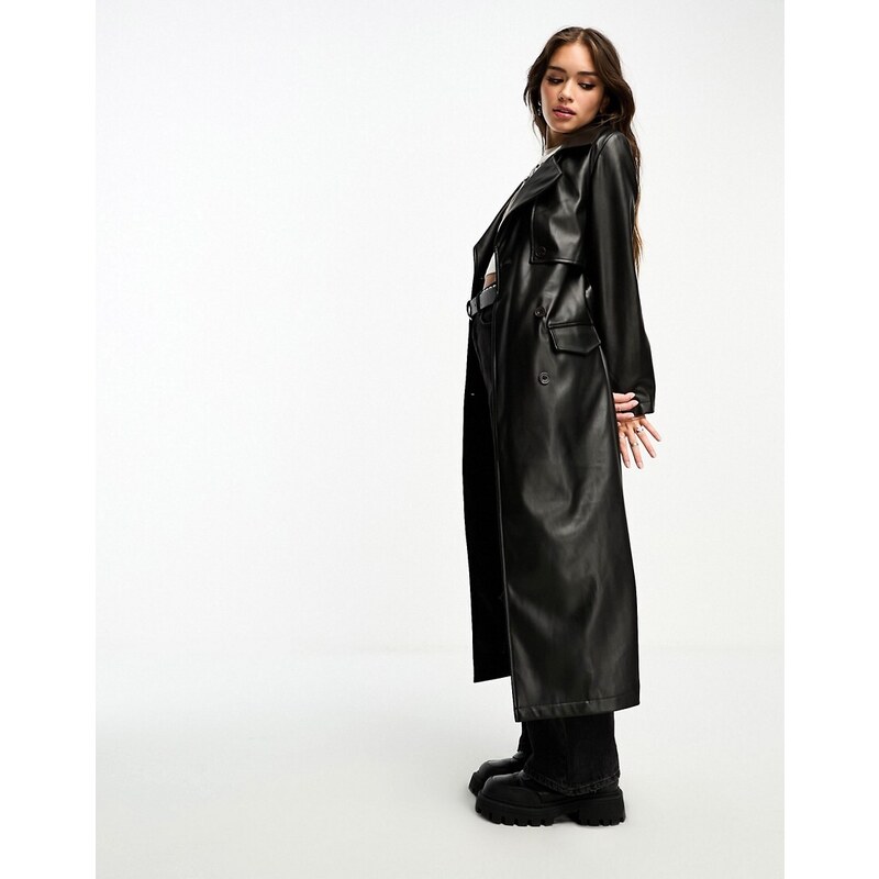 Violet Romance faux leather belted maxi trench coat in black
