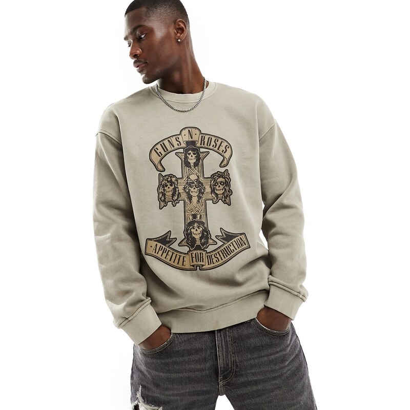ONLY & SONS oversized Guns'n'Roses sweatshirt in washed stone-Grey