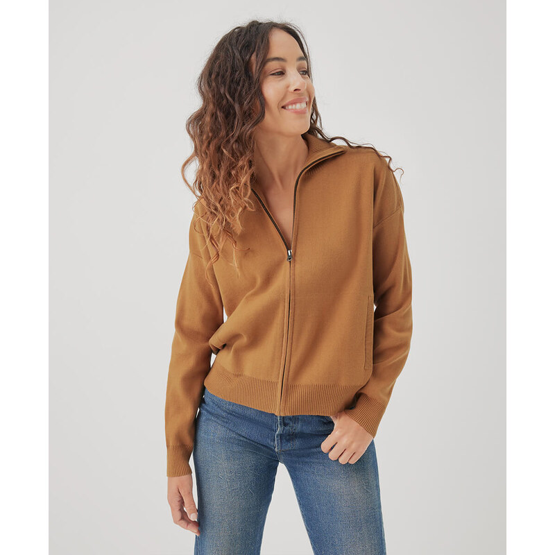 PACT Apparel Women's Camel Classic Fine Knit Zip Front Sweater