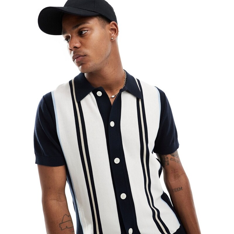 Selected Homme knitted button up polo in navy colour block