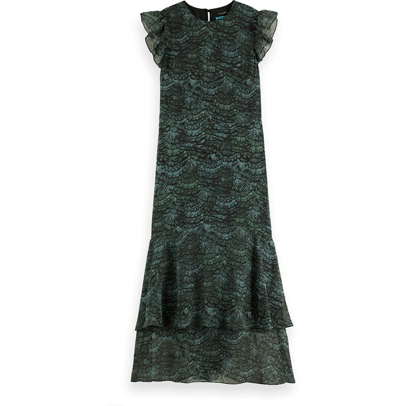 Scotch Soda Women's Feather Printed Midi Flounce Dress Green