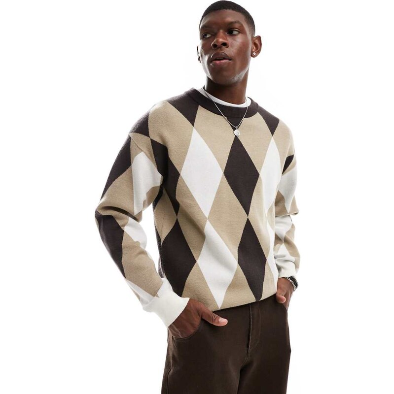 ADPT oversized crew neck jumper in argyle print in tan brown GLAMI.eco