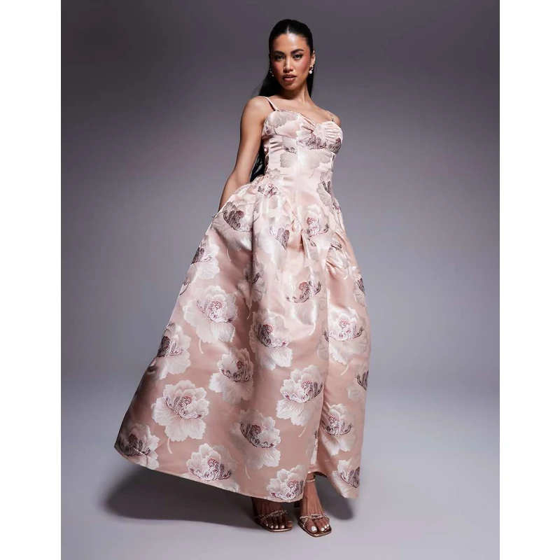ASOS LUXE jacquard maxi dress with drop waist in champagne floral-Pink -  GLAMI.eco