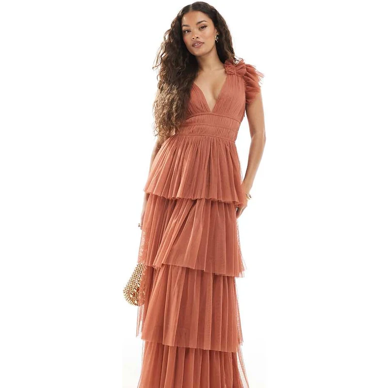 lace & beads ruffle midaxi dress in deep rose print Blush Beaded Gown | Liylah main image 1