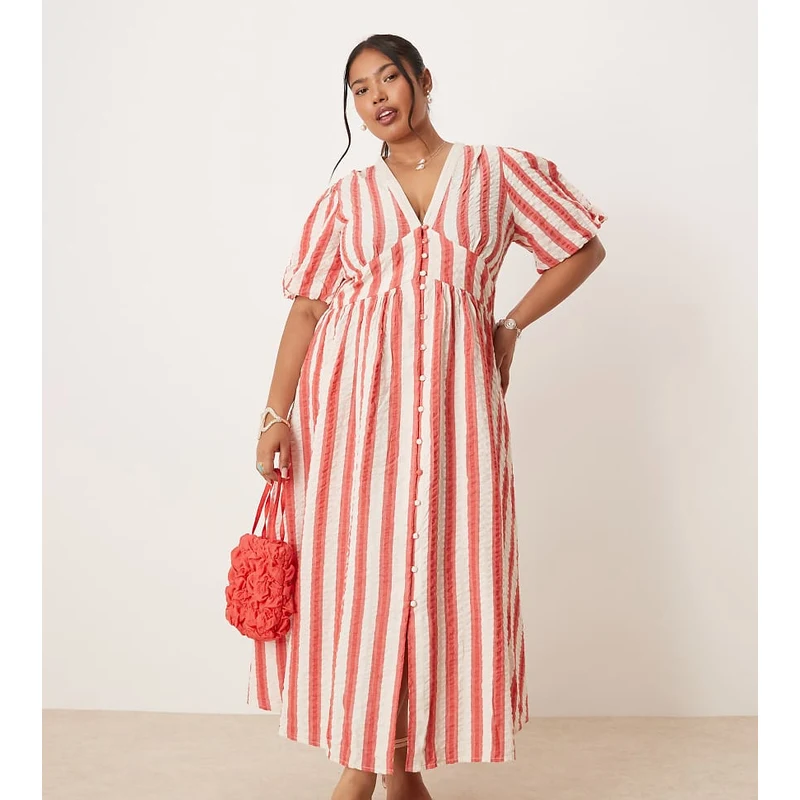 Nobody's Child Plus Starlight puff sleeve midi dress in red and white stripe  - GLAMI.eco