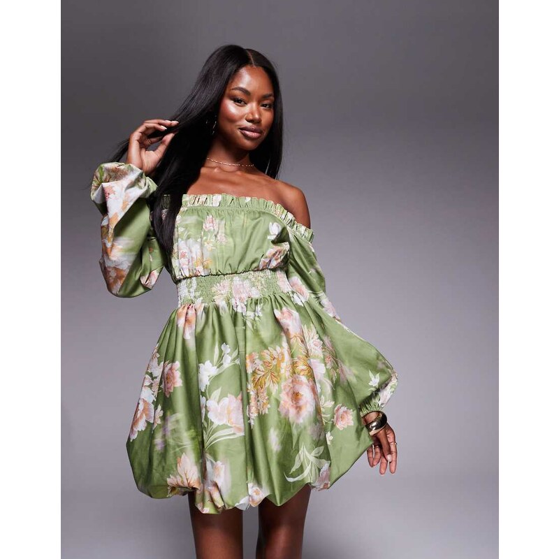 ASOS LUXE Bardot mini dress with bubble hem and blouson sleeve in pistachio  floral-Green - GLAMI.eco