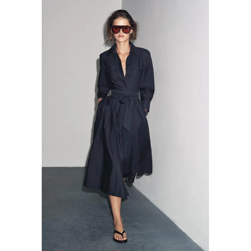 navy poplin shirt dress Quince Women's Poplin Drop Waist Shirt Dress, Navy, Size Large