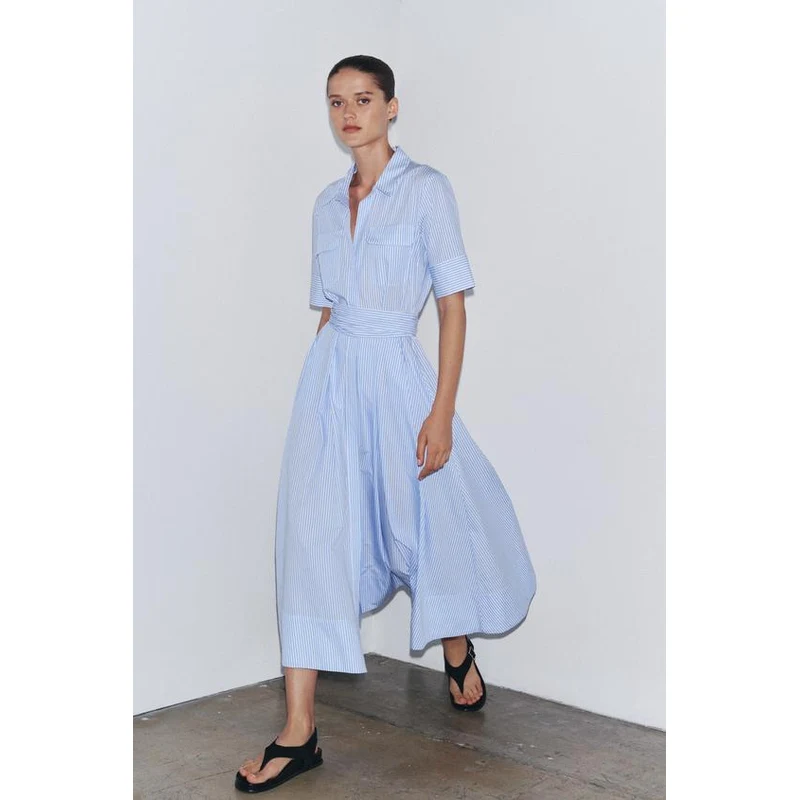ZARA ZW COLLECTION POPLIN SHIRT DRESS striped XS - GLAMI.eco