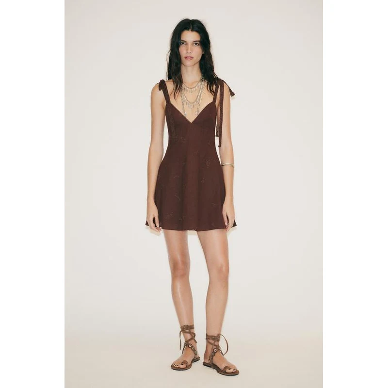 zara brown short dress ZARA SHORT EMBROIDERED DRESS Brown XS