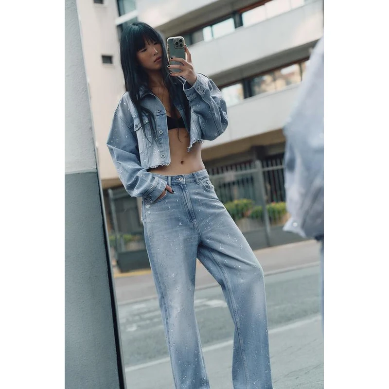 ZARA TRF STRAIGHT-LEG RHINESTONE HIGH-WAIST JEANS Blue 4 - GLAMI.eco